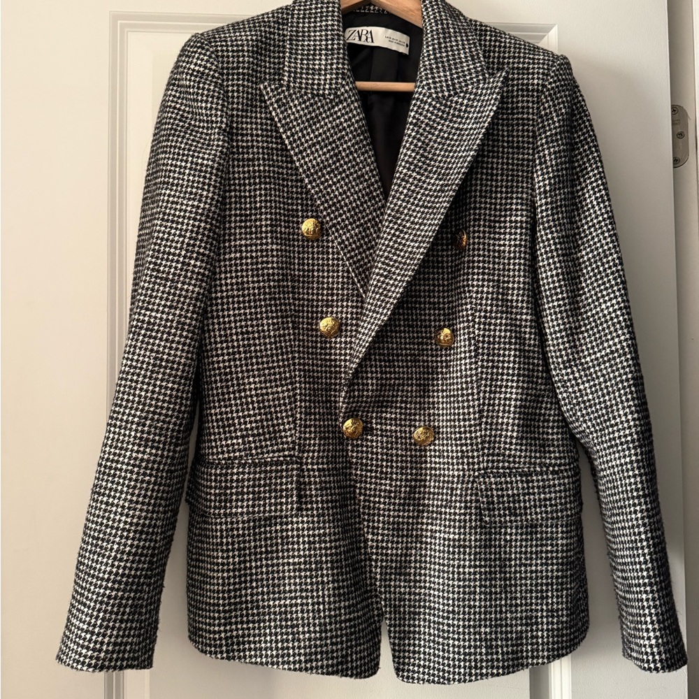 Zara Black and White Houndstooth Blazer